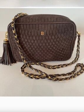 BALLY Suede Quilted Chocolate Brown Leather Camera Crossbody w/chain strap